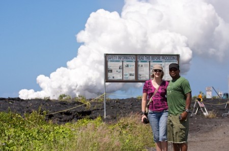 Andrea and Toby not quite at the lava flow entry into the ocean. The trail is off-limits during the day so a trek in the evening will be in the future.