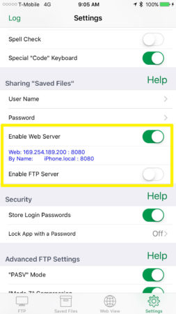 Enable FTP On The Go's web server or if you prefer to use an FTP client you can Enable FTP Server instead.