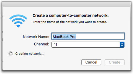 Give your ad-hock (computer-to-computer) WiFi network a name and hit Create