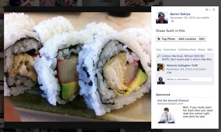 This is Facebook's redesigned photo viewer. They added a sidebar on the right for comments and ads. The problem is that horizontal images look like the right side of the photo has been chopped-off by the sidebar, like you're missing something. Bad design as it feels like it's choking the image.