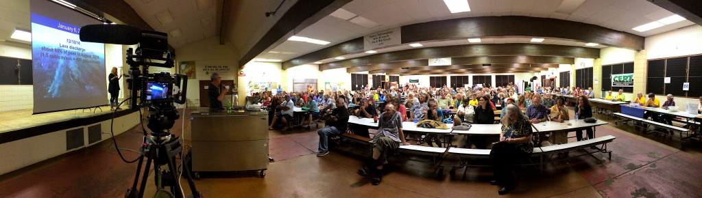 Live streaming rig and the crowd in the Pahoa High School Cafeteria for the community lava flow update meeting held by Hawaii County and the U.S. Geological Survey's Hawaiian Volcano Observatory.