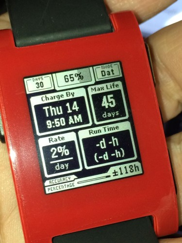 Over a month's worth of battery life on my original Pebble Watch. I put it into 'Airplane Mode' with the bluetooth radio turned-off. Normally you'd leave BT on but in a pinch and you don't have a charger handy you can still tell the time for over a month on a charge.