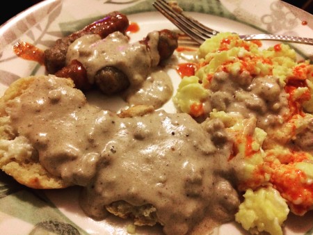 Sausages, Eggs, Cheddar Cheese Biscuit and Sausage Gravy. About 5g net-carbs.