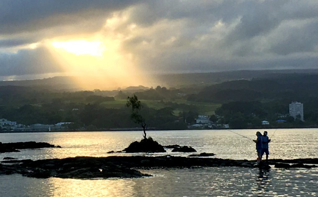 Sunbeams on the slopes of the mauna at Hilo Bay near sunset. Photo by Baron Sekiya